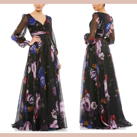 NWT Mac Duggal [ 2‎ ] 67872 Floral Chiffon Long Sleeve Maxi Dress Black #S1875 - Picture 2 of 14
